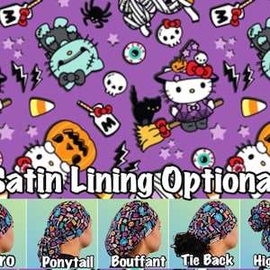 May include: A purple background with a Halloween themed pattern featuring a cartoon cat wearing a witch hat, pumpkins, candy corn, and stars. The text "Satin Lining Optional" is displayed below the pattern. Five different styles of surgical caps are shown below the text, including Euro, Ponytail, Bouffant, Tie Back, and High Bun.