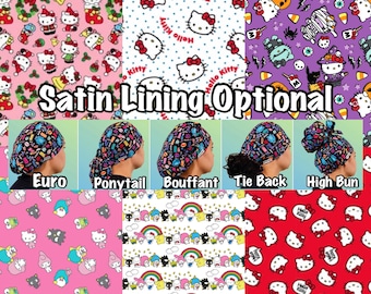 Kitty Scrub Cap, Satin Lined, Euro Ponytail, Tie Back, Bouffant, High Bun