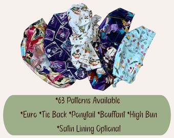 Princess and Villain Scrub Caps, Satin Optional, Euro Tie Back Ponytail High Bun Bouffant