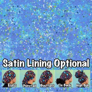 May include: Five different styles of surgical caps with a colorful abstract print on a blue background. The styles are Euro, Ponytail, Bouffant, Tie Back, and High Bun. Satin lining is optional.