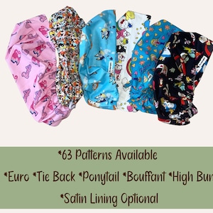 May include: A collection of satin-lined hair bonnets in various patterns, including pink with unicorns, a dog print, and blue cartoon characters. The bonnets are available in Euro Tie Back, Ponytail, Bouffant, and High Bun styles. 63 patterns are available.