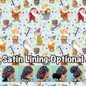 May include: A colorful fabric pattern with a cartoon image of a dwarf holding a pickaxe and a bucket of gems. The fabric is available in a variety of styles, including euro, ponytail, bouffant, tie back, and high bun. The text "Satin Lining Optional" is displayed below the fabric pattern.
