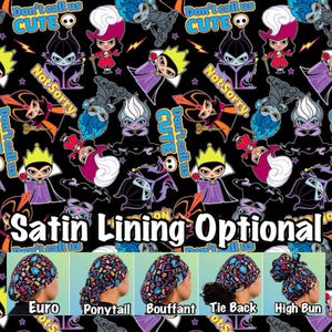 May include: A black fabric featuring a repeating pattern of cartoon villains with the text Don't call us CUTE and Not Sorry. Below, five variations of scrub caps are shown labeled as Euro, Ponytail, Bouffant, Tie Back, and High Bun styles.