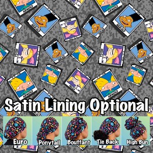 May include: A fabric pattern featuring cartoon characters Arnold, Helga, and Gerald in polaroid-style frames on a gray background. Below, five styles of scrub caps are displayed: Euro, Ponytail, Bouffant, Tie Back, and High Bun, with text stating Satin Lining Optional.