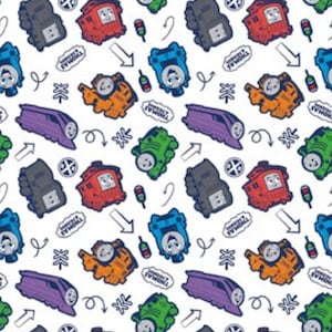 May include: A white background with a repeating pattern of colorful cartoon trains, arrows, and other train-related symbols. The trains are all different colors and have different designs. The symbols include arrows, snowflakes, and train wheels.