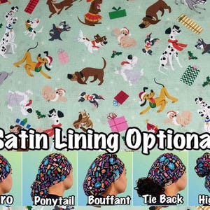 Cartoon. Dogs Christmas Scrub cap with satin lining, ponytail, euro, high bun, bouffant, men’s surgical tie back, women’s silk medical hat