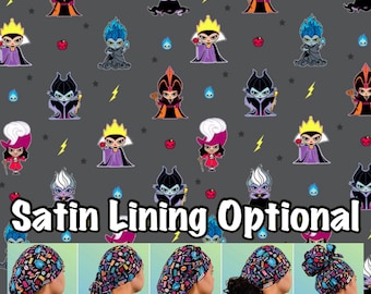 May include: A colorful fabric with a repeating pattern of a cartoon evil queen. The fabric is available in a variety of styles, including euro, ponytail, bouffant, tie back, and high bun. The text "Satin Lining Optional" is displayed below the fabric swatches.