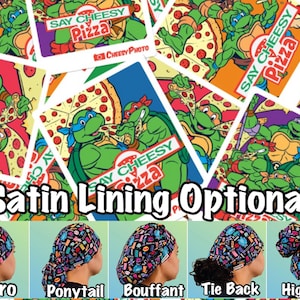 May include: Surgical scrub caps with a colorful pattern featuring the Teenage Mutant Ninja Turtles and pizza slices. The caps come in Euro, Ponytail, Bouffant, Tie Back, and High Bun styles. The background has a repeating pattern of the same design.