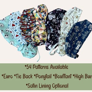 May include: Assortment of patterned scrub caps in various designs, including Jack Skellington, Harry Potter, and other themed prints. The caps are available in Euro Tie Back, Ponytail, Bouffant, and High Bun styles, with satin lining optional. 54 patterns are available.
