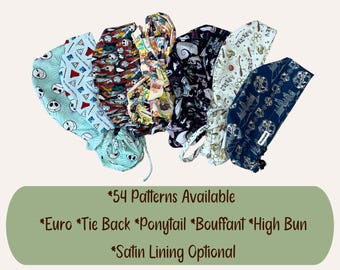 Character Scrub Caps, Euro Tie Back Ponytail Bouffant, Satin Lining Optional