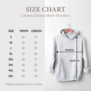 May include: Size chart for unisex Gildan 18500 hoodies. The chart shows the width and length measurements in inches for sizes S through 5XL.
