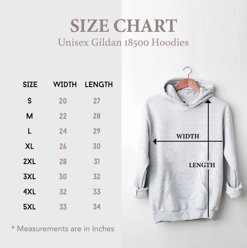 May include: Size chart for unisex Gildan 18500 hoodies. The chart shows the width and length measurements in inches for sizes S through 5XL.