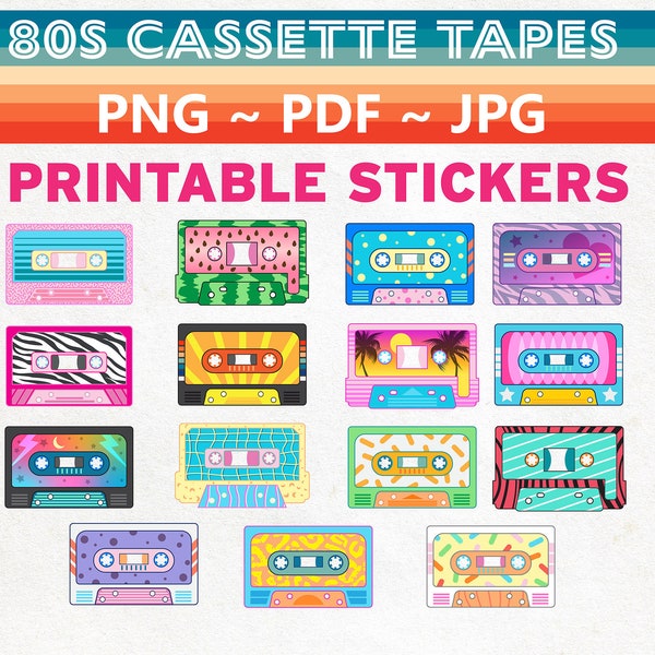 Rock and Roll Cassette Tape PNG, JPG, PDF, Printable Sticker Sheet, 80s Stickers, Vaporwave Stickers, Instant Download