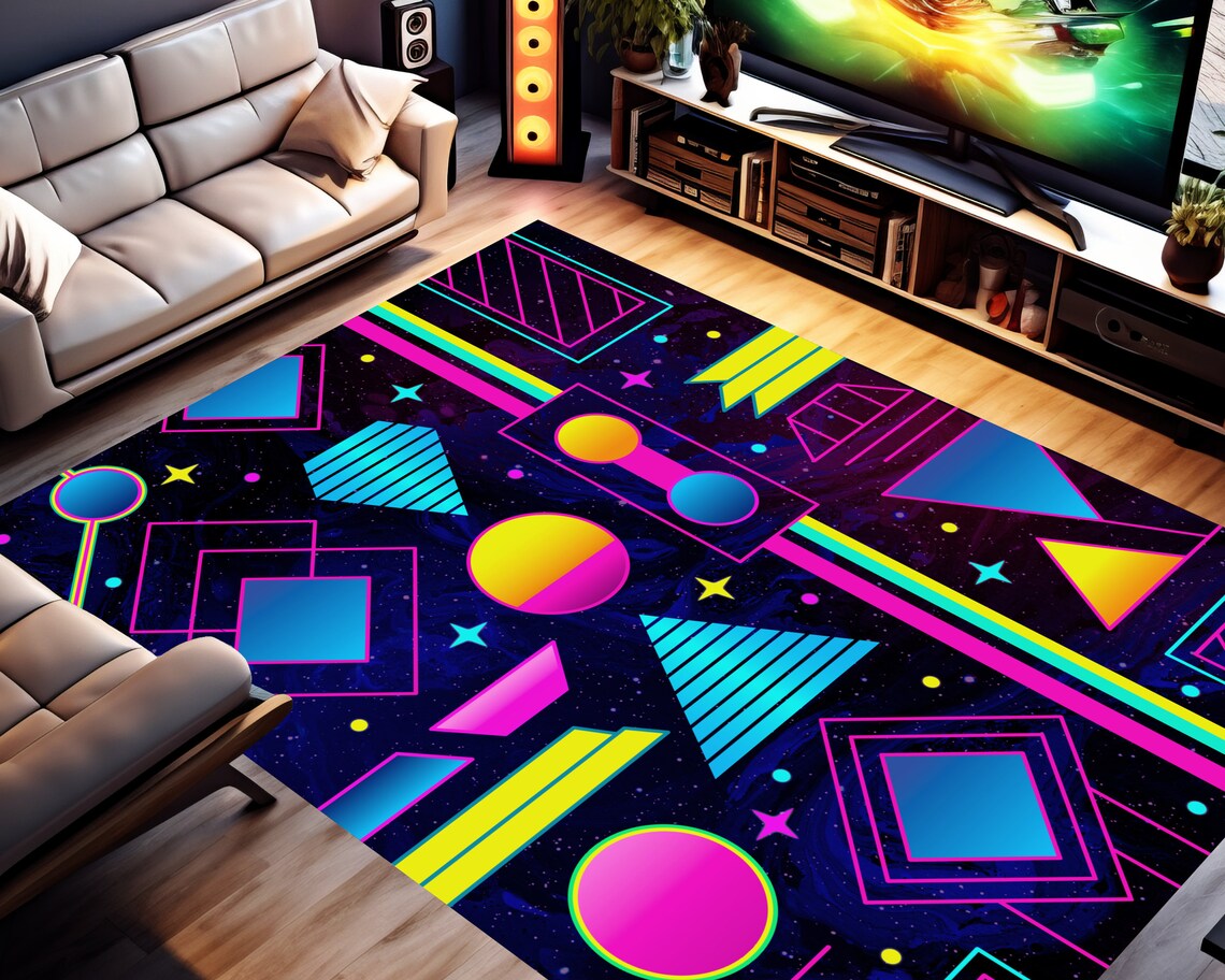 Retro Arcade Carpet, Colorful Trippy Area Rug, 80s 90s Accent Floor Mat ...