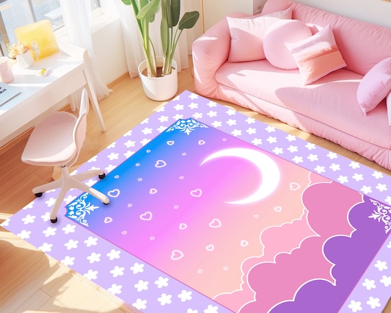 Kawaii Moon Carpet, Cute Stars Clouds Pink Purple Anime Area Rug