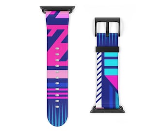 May include: A colorful geometric patterned watch band with pink, blue, and white accents. The band is compatible with Apple Watch.
