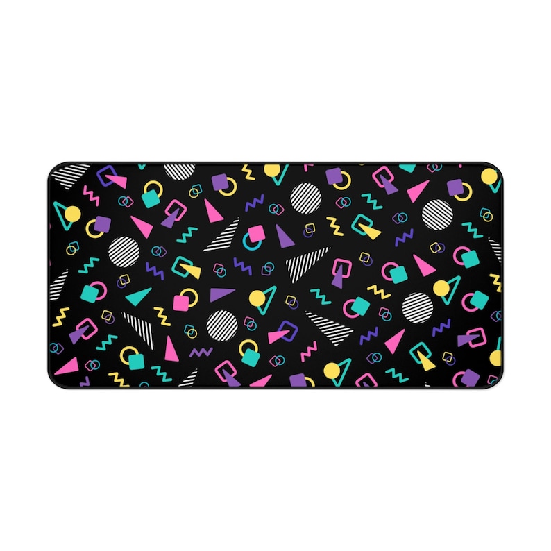 Retro 80s Desk Mat, Cute 90s Gaming Mouse Pad, XXL Extra-Large, Black Memphis Milano Design Style, Aesthetic Arcade Office Decor, Anti Slip 31" × 15.5"