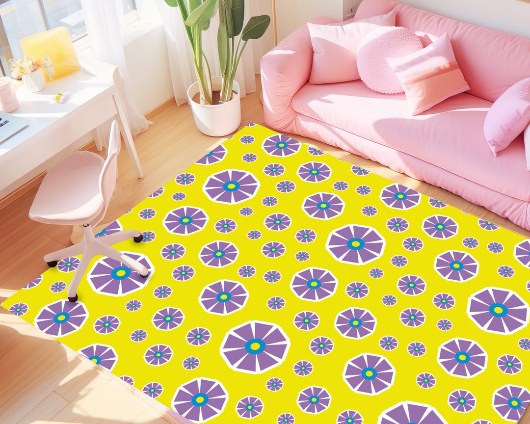 Trippy Rug, Y2K Aesthetic Hippie Carpet, Colorful Yellow Purple Flower