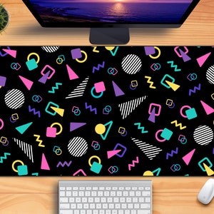 Retro 80s Desk Mat, Cute 90s Gaming Mouse Pad, XXL Extra-Large, Black Memphis Milano Design Style, Aesthetic Arcade Office Decor, Anti Slip image 1