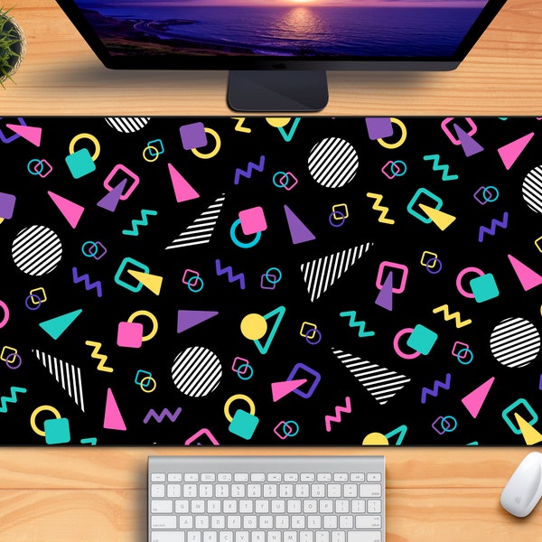 Retro 80s Desk Mat, Cute 90s Gaming Mouse Pad, XXL Extra-Large, Black Memphis Milano Design Style, Aesthetic Arcade Office Decor, Anti Slip