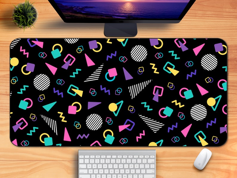 Retro 80s Desk Mat, Cute 90s Gaming Mouse Pad, XXL Extra-Large, Black Memphis Milano Design Style, Aesthetic Arcade Office Decor, Anti Slip image 1