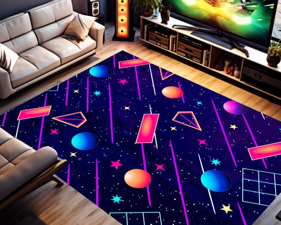 Retro Arcade Carpet, Colorful Trippy Abstract Area Rug, 80s 90s