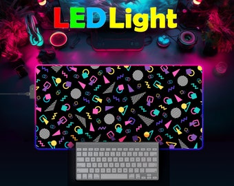 Retro Black 80s Design Desk Mat, RGB LED Light Mouse Pad, XXL Mousepad, Gift for Gamer, 90s Y2K Vaporwave Theme, Home Office Desk Decor