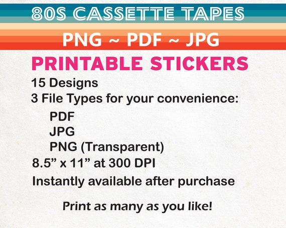 Rock and Roll Cassette Tape PNG, JPG, PDF, Printable Sticker Sheet