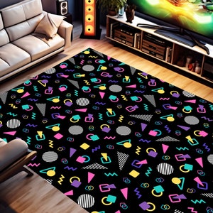 Retro Arcade Carpet, Indoor Outdoor, Memphis Design Area Rug, 80s 90s Accent Floor Mat, Game Room, Bowling Alley, Man Cave, Home Decor