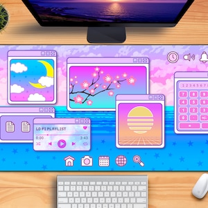 LoFi Kawaii Pastel Desk Mat, Cute Moon Stars Vaporwave 90s Gaming Mouse Pad, Pink Purple, Extra-Large, Lo Fi Aesthetic Arcade Office Decor