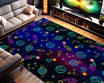 Retro Arcade Carpet, Colorful Trippy Spacey Planet Area Rug, 80s 90s Accent Floor Mat, Game Room, Bowling Alley Vibe, Home Theater Decor