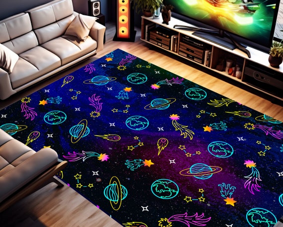 Retro Arcade Carpet, Colorful Trippy Spacey Planet Area Rug, 80s