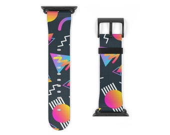 May include: A black Apple Watch band with a geometric pattern in neon pink, blue, and yellow on a dark blue background.