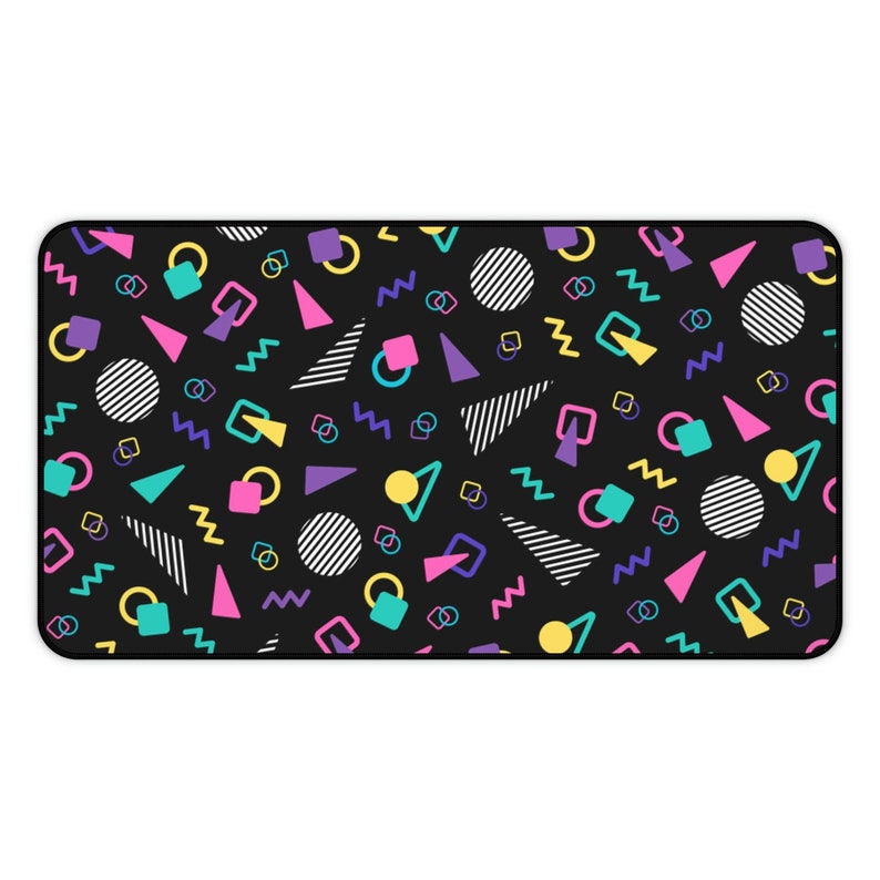 Retro 80s Desk Mat, Cute 90s Gaming Mouse Pad, XXL Extra-Large, Black Memphis Milano Design Style, Aesthetic Arcade Office Decor, Anti Slip 12" × 22"