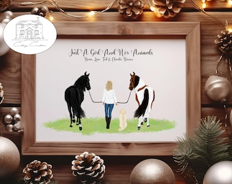 Horse, Rider & Dog Print A4 - A Girl and Her Animals with Grass