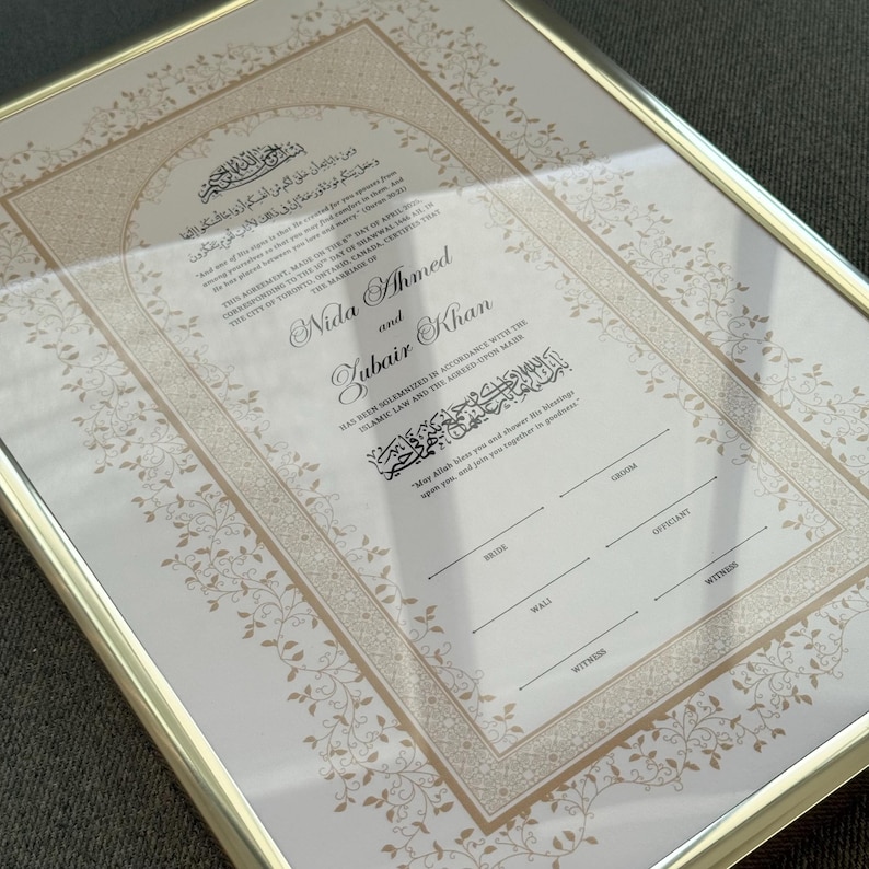 Framed Nikah Certificate Gold Frame Nikkah Contract Islamic Marriage Certificate Nikkah Gift Muslim Wedding Feather Pen Katb Kitab Contract Print + Frame