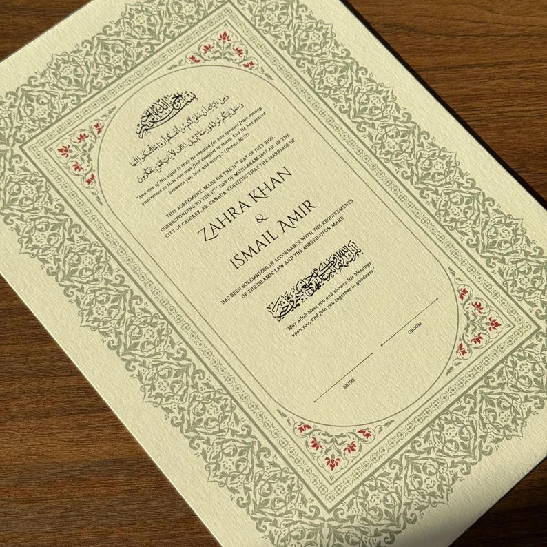 Custom Nikkah Contract Frame Nikkah Certificate Gold Islamic Wedding Certificate Muslim Wedding Gift Nikkah Feather Pen Katb Kitab Contract Print Only