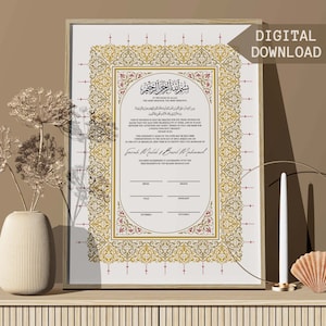 Afdrukbaar Nikkah-certificaat Goud Nikkah-contract Digitaal Nikah Nama Islamitisch bruiloftscontract Nikkah-papier Goud Katb Kitab-contract Gouden
