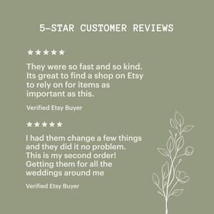 May include: Five-star customer reviews for a shop on Etsy. The reviews highlight the shop's fast shipping, kindness, and ability to make changes to orders. The reviews also mention that the shop is great for items like wedding decorations.