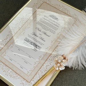 Framed Nikah Certificate Gold Frame Nikkah Contract Islamic Marriage Certificate Nikkah Gift Muslim Wedding Feather Pen Katb Kitab Contract Print + Frame + 1Pen