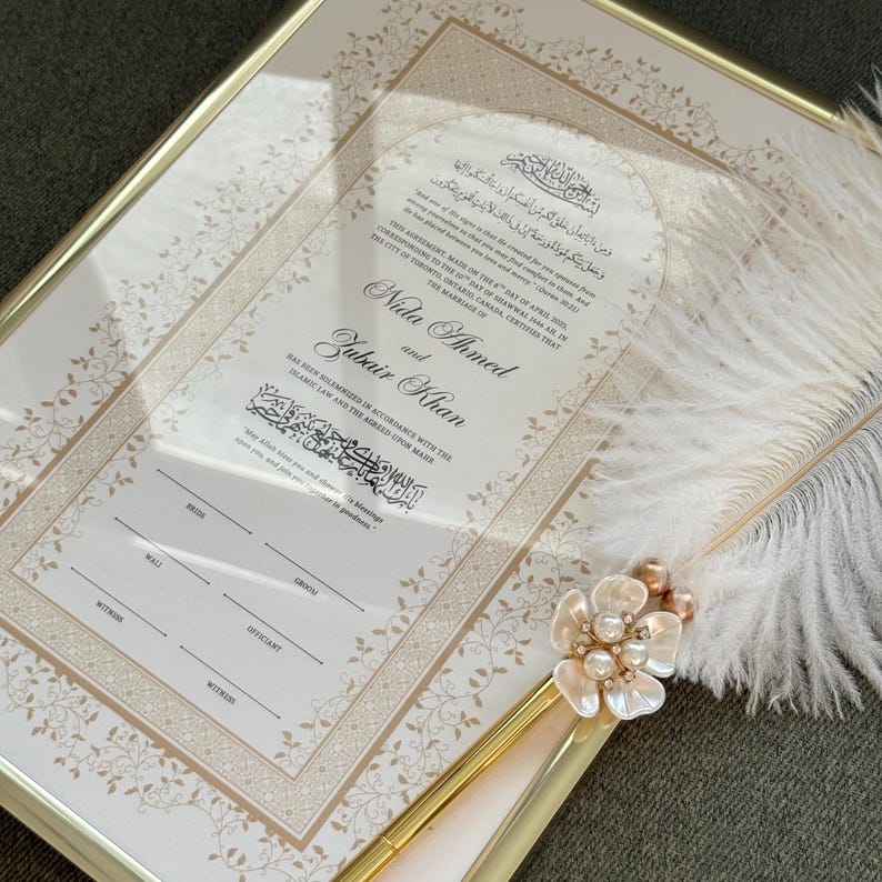Framed Nikah Certificate Gold Frame Nikkah Contract Islamic Marriage Certificate Nikkah Gift Muslim Wedding Feather Pen Katb Kitab Contract Print + Frame + 1Pen