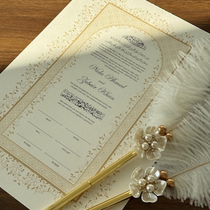 Framed Nikah Certificate Gold Frame Nikkah Contract Islamic Marriage Certificate Nikkah Gift Muslim Wedding Feather Pen Katb Kitab Contract Print + 2 Pens