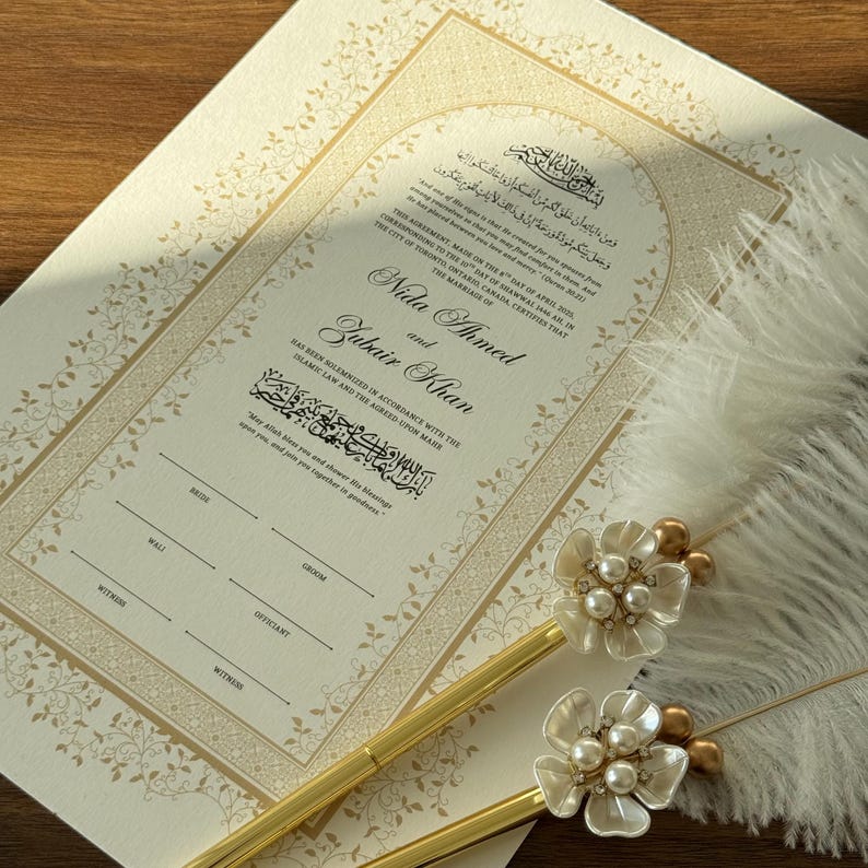 Framed Nikah Certificate Gold Frame Nikkah Contract Islamic Marriage Certificate Nikkah Gift Muslim Wedding Feather Pen Katb Kitab Contract Print + 2 Pens