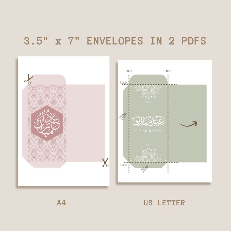 May include: Printable 3.5 x 7 inch envelope templates for Eid Mubarak. The templates are shown in two sizes: A4 and US Letter. The envelopes feature a pink and green background with a white floral design and Arabic calligraphy.