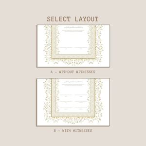 May include: Two different layouts for a wedding certificate. The top layout is labeled "A - Without Witnesses" and the bottom layout is labeled "B - With Witnesses". Both layouts feature a decorative border with Arabic text.