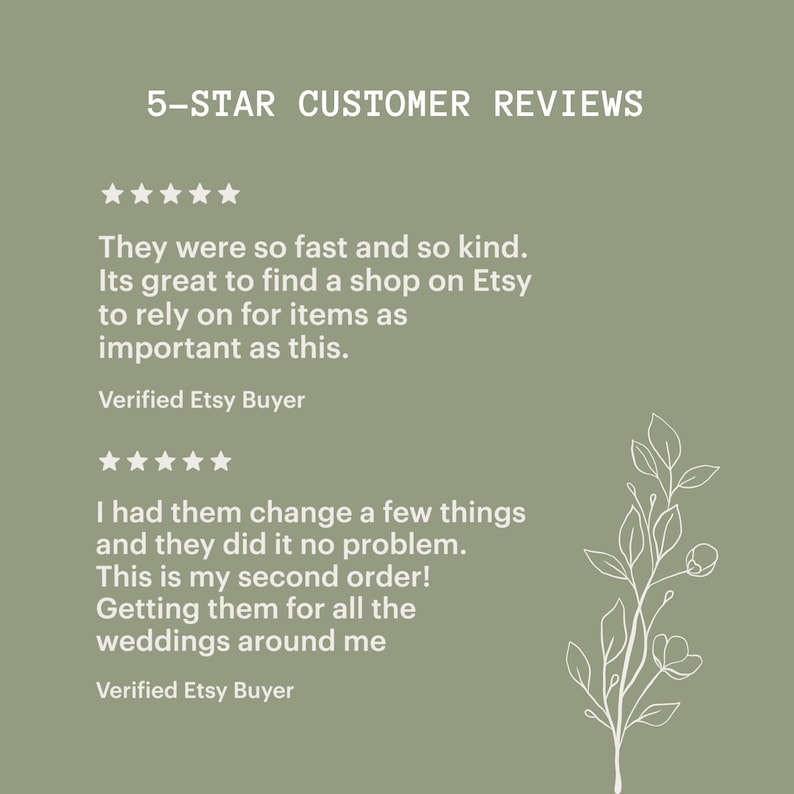 May include: Five-star customer reviews for a shop on Etsy. The reviews highlight the shop's fast shipping, kindness, and ability to make changes to orders. The reviews also mention that the shop is great for items like wedding decorations.