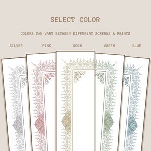 May include: Five different color options for a decorative border design. The design features a repeating pattern of stylized floral and geometric shapes. The colors are silver, pink, gold, green, and blue.