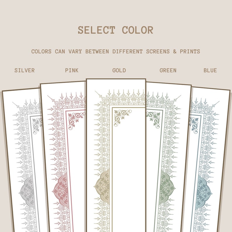 May include: Five different color options for a decorative border design. The design features a repeating pattern of stylized floral and geometric shapes. The colors are silver, pink, gold, green, and blue.