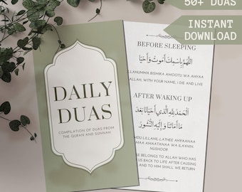 May include: A green and white printable guide with the title "Daily Duas" and the text "Compilation of Duas from the Quran and Sunnah". The guide includes two sections: "Before Sleeping" and "After Waking Up" with Arabic text and English translations.