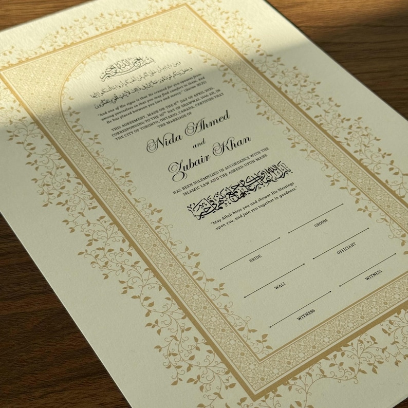 Framed Nikah Certificate Gold Frame Nikkah Contract Islamic Marriage Certificate Nikkah Gift Muslim Wedding Feather Pen Katb Kitab Contract Print Only